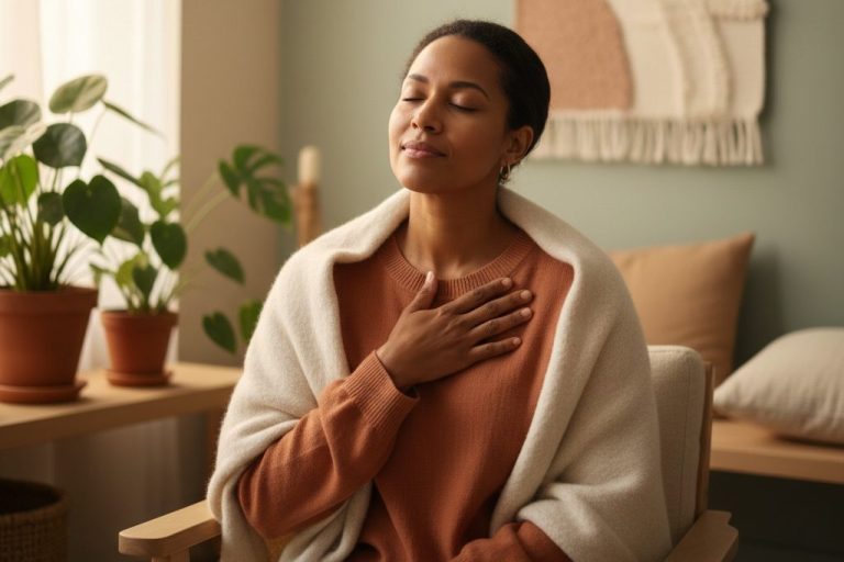 Vrouw met gesloten ogen, zittend in een rustige sfeer, hand op hart, ontspannen gezicht. over zelfzorg tijdens een fertiliteitstraject