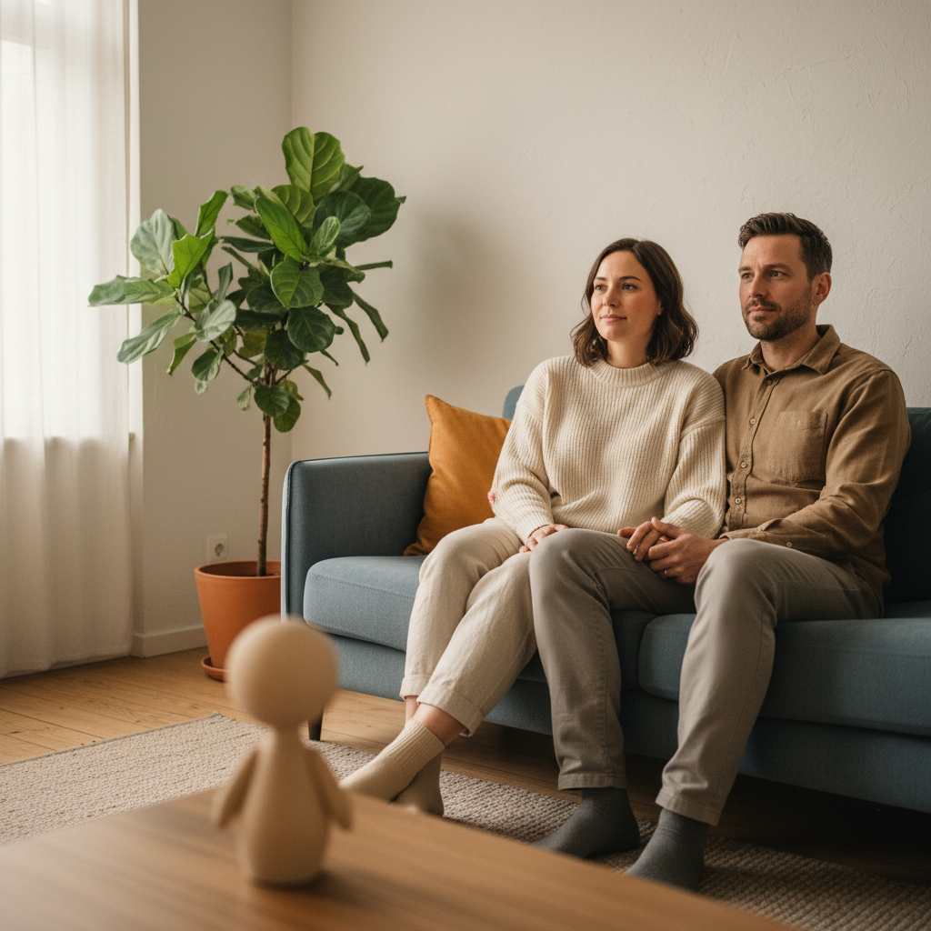 Koppel op de bank met houten poppetje als symbool voor het ongeboren kind tijdens samen zwanger worden consult