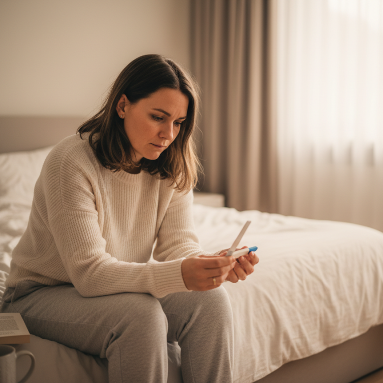 Vrouw met een zwangerschapstest die zich verdrietig en onzeker voelt tijdens een onvervulde kinderwens. Vrouw met een zwangerschapstest die zich verdrietig en onzeker voelt tijdens een onvervulde kinderwens.