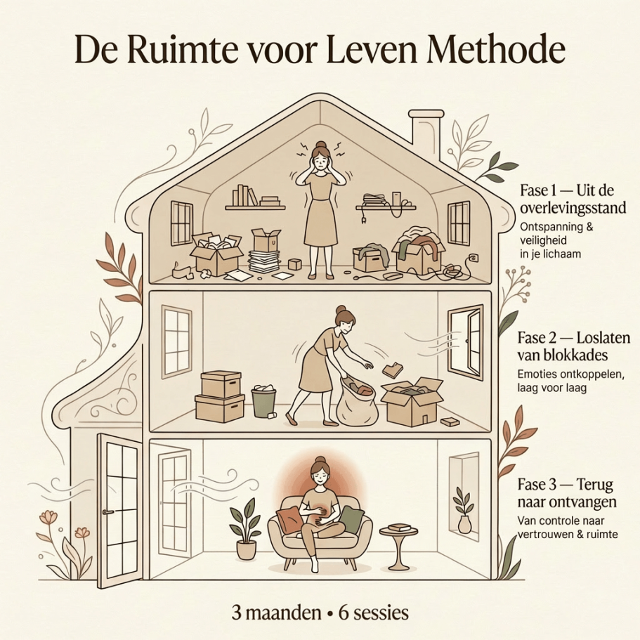 De Ruimte voor Leven Methode voor vrouwen bij wie zwanger worden uitblijft door stress en overlevingsstand. Illustratie van een huis met drie verdiepingen. De Ruimte voor Leven Methode voor vrouwen in de overleefstand.
