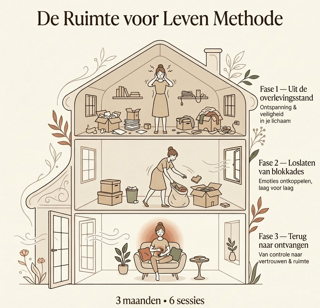 De Ruimte Voor Leven Methode in drie fases: reguleren, ontladen en ontvangen voor meer rust en emotionele balans. De Ruimte Voor Leven Methode in drie fases: reguleren, ontladen en ontvangen voor meer rust en emotionele balans.