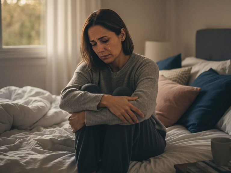 Vrouw zit op bed, omhuld door een dekbed, met een bezorgde blik en ingetogen houding. Ze ervaart een schuldgevoel over haar miskraam