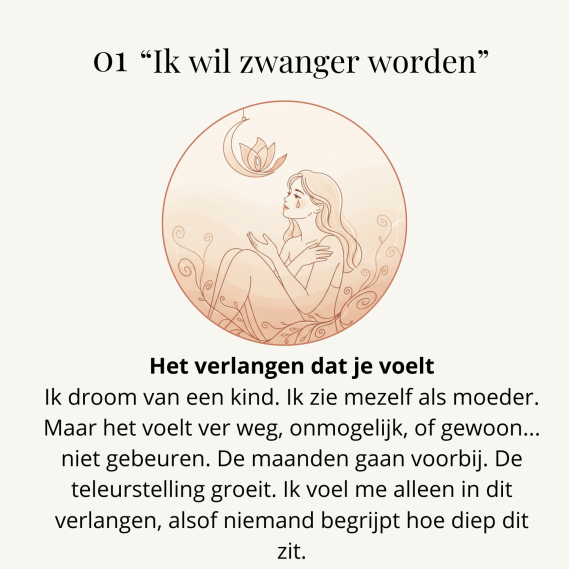 Vrouw met kinderwens droomt van moederschap - emotionele illustratie voor NEI-therapie en innerlijk werk bij onvervulde kinderwens