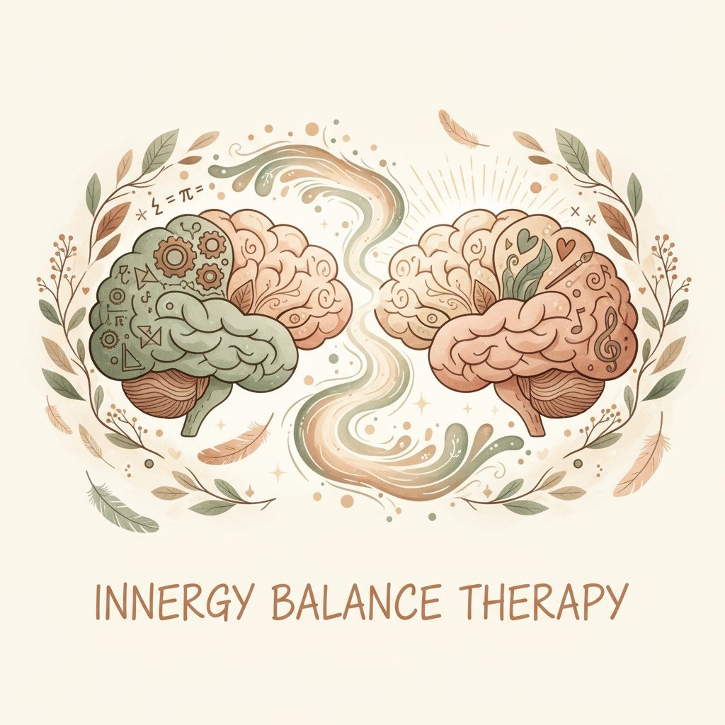 Illustratie van twee hersenen omringd door bladeren, symbool voor de verbinding tussen hoofd en hart bij Innergy Balance Therapy