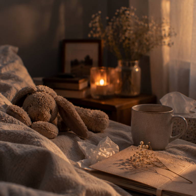 Leeg en rommelig bed met een mok, knuffel en tissues na het verlies van een zwangerschap. Leeg en rommelig bed met een mok, knuffel en tissues na het verlies van een zwangerschap.