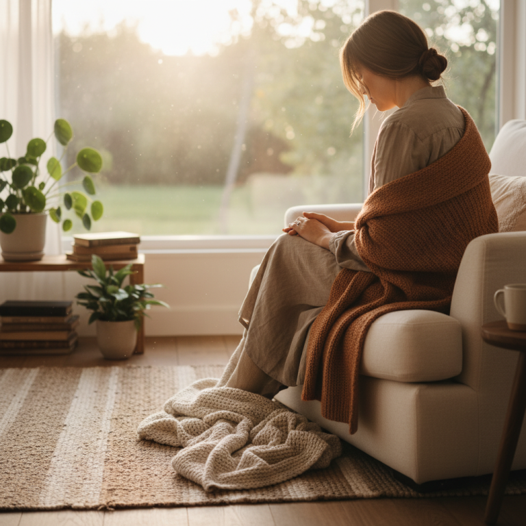 Vrouw gewikkeld in dekens, zittend op de bank met een boek, in een zonovergoten kamer. Verdrietig door onvervulde kinderwens.