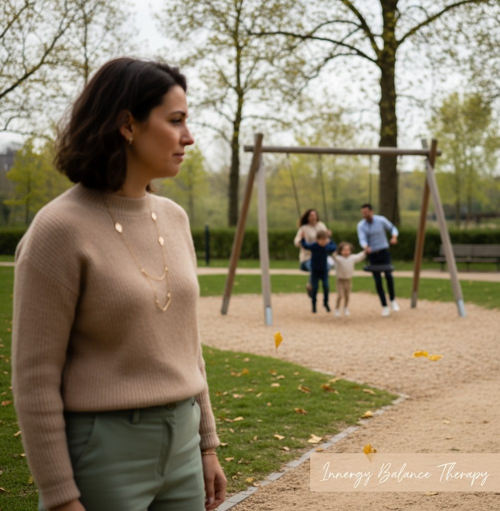 Verdrietige vrouw die naar een speeltuin kijkt en geconfronteerd wordt met haar onvervulde kinderwens en het gemis van een kindje.