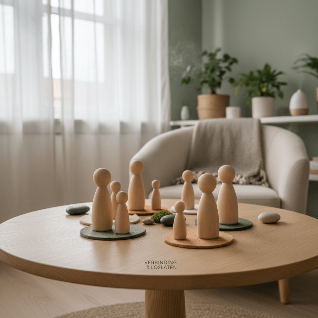 Houten poppetjes in een familieopstelling die inzicht geven in terugkerende patronen en onbewuste dynamieken Houten poppetjes in een familieopstelling die inzicht geven in terugkerende patronen en onbewuste dynamieken