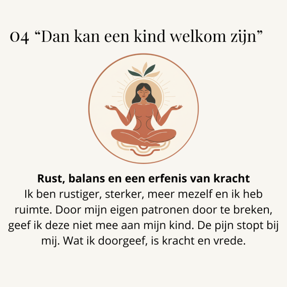 Vrouw in rust en balans na innerlijk werk - erfenis van kracht voor toekomstig kind na NEI-therapie kinderwens-begeleiding