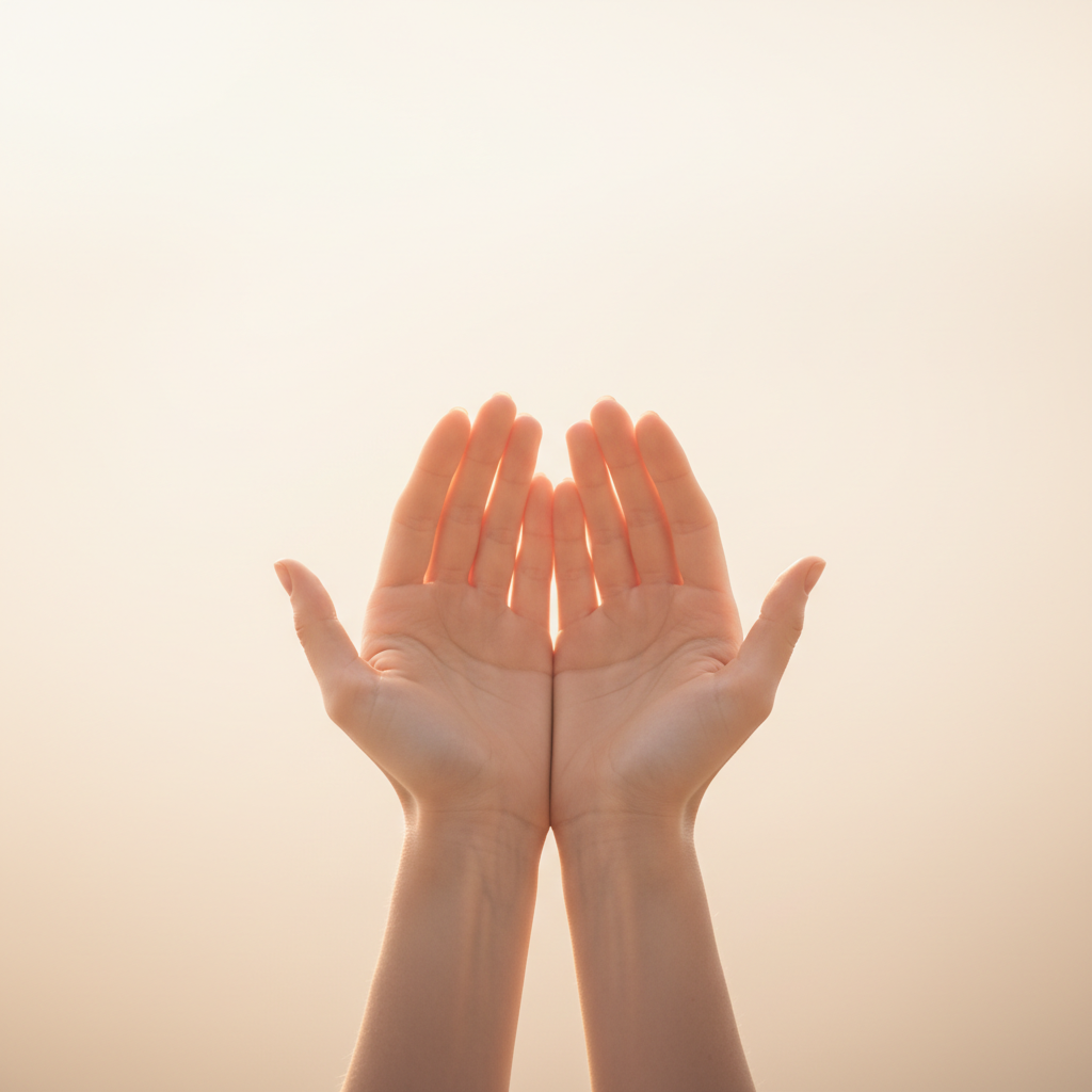 Twee open handen omhoog gericht tegen een lichte achtergrond.