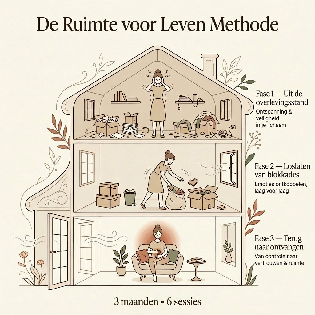 De Ruimte voor leven methode bestaat uit 3 fases: Uit de overlevingstand komen, loslaten van blokkades en terug naar ontvangen.