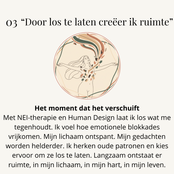 Vrouw laat emotionele blokkades los en voelt transformatie - NEI-therapie en Human Design voor kinderwens-begeleiding