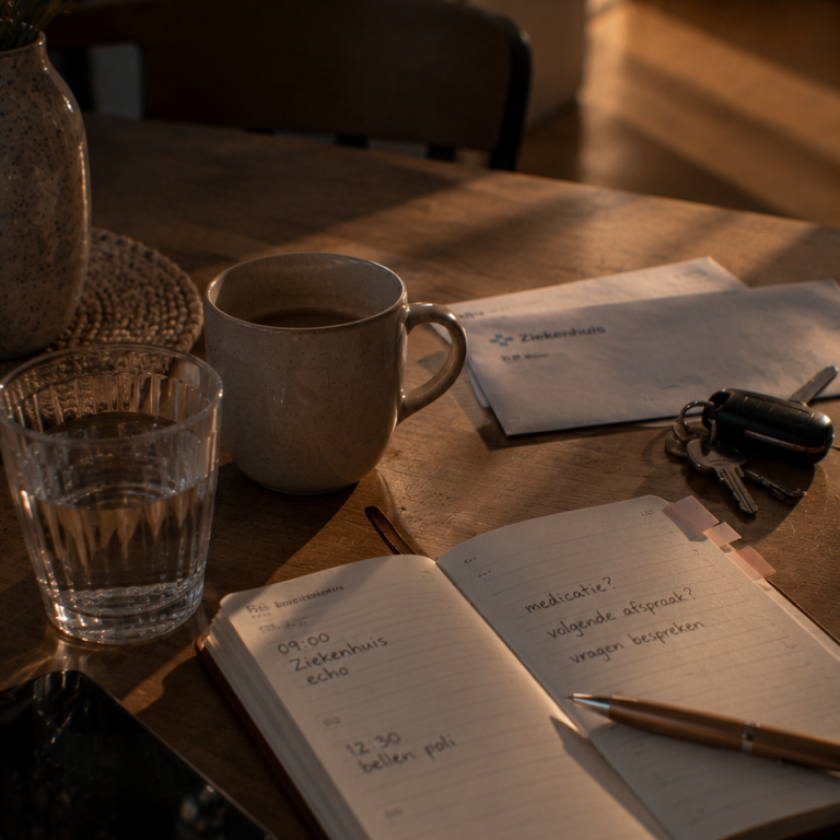 Agenda met ziekenhuisafspraken, koffie en autosleutels op tafel tijdens een fertiliteitstraject. Agenda met ziekenhuisafspraken, koffie en autosleutels op tafel tijdens een fertiliteitstraject.