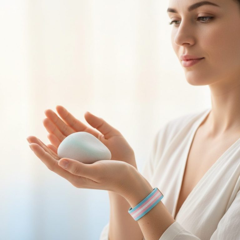 Vrouw houdt een wit ei in haar handen, draagt een armband in pastelkleuren. Testimonials erkenningsgesprek