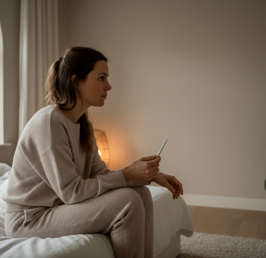 Vrouw met een zwangerschapstest die de onzekerheid, hoop en spanning van een fertiliteitstraject ervaart. Vrouw met een zwangerschapstest die de onzekerheid, hoop en spanning van een fertiliteitstraject ervaart.