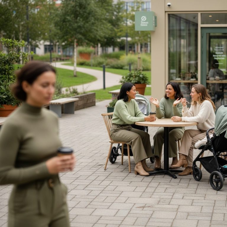 Vrouw met koffie passeert groep vrienden die gezellig aan tafel zitten in een park. Je eenzaam een alleen voelen als je nog geen kind hebt
